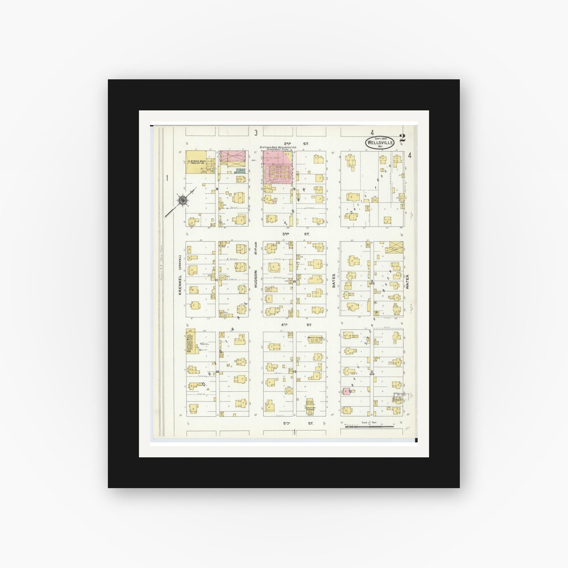 Old map wall art mockup — black gallery frame with white mat — Sanborn Fire Insurance Map from Wellsville, Montgomery County, Missouri (1909), Sheet #0002