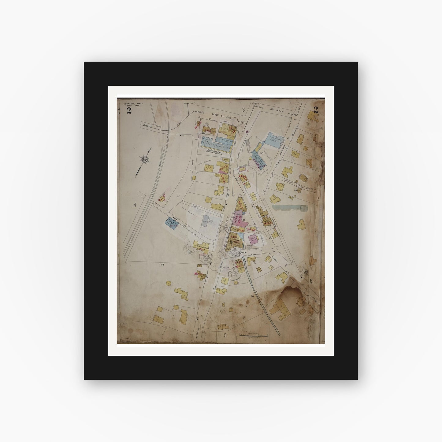 Old map wall art mockup — black gallery frame with white mat — Sanborn Fire Insurance Map from Cohasset, Norfolk County, Massachusetts (1963), Sheet #0002