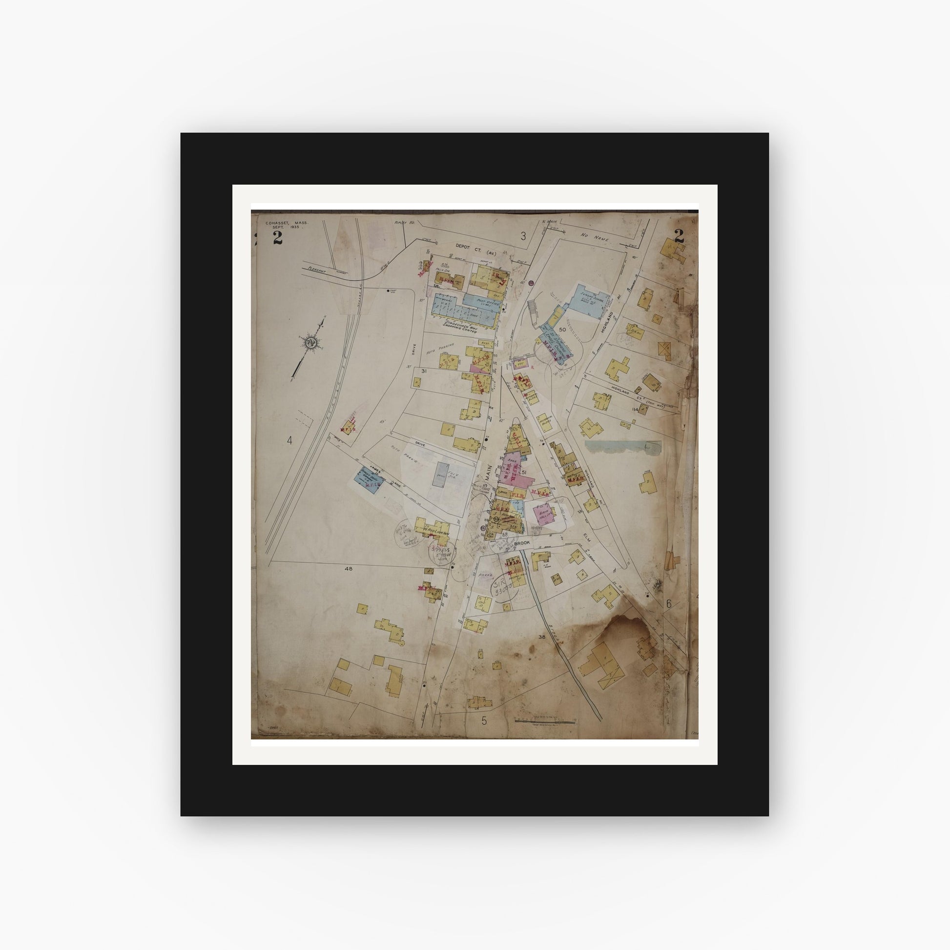 Old map wall art mockup — black gallery frame with white mat — Sanborn Fire Insurance Map from Cohasset, Norfolk County, Massachusetts (1963), Sheet #0002