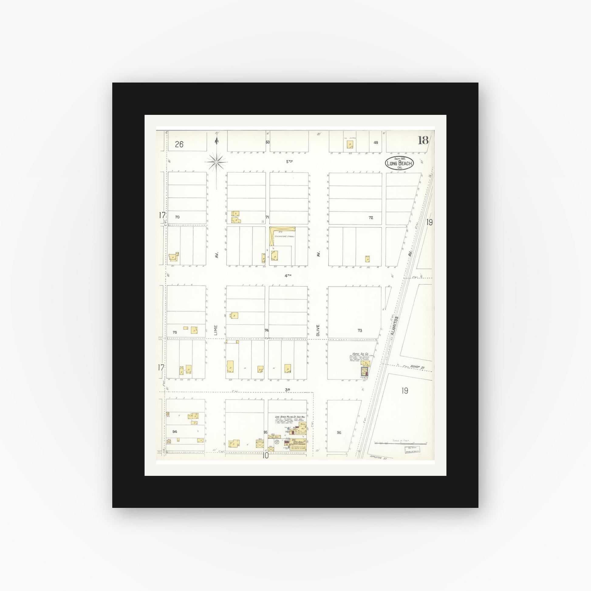 Old map wall art mockup — black gallery frame with white mat — Sanborn Fire Insurance Map from Long Beach, Los Angeles County, California (1902), Sheet #0018