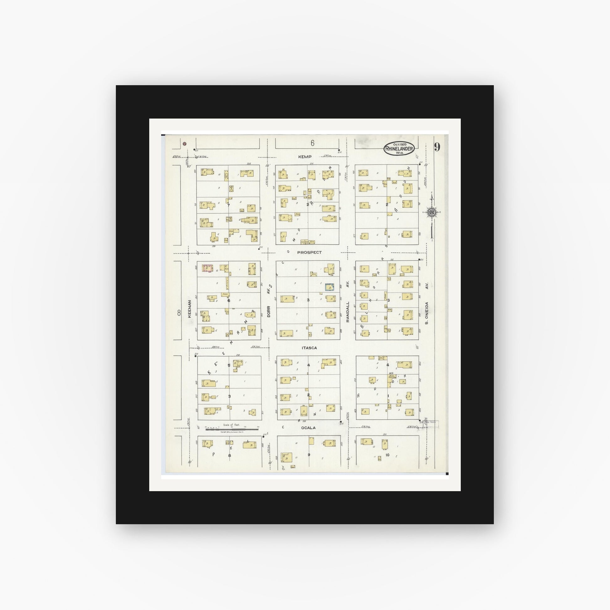 Old map wall art mockup — black gallery frame with white mat — Sanborn Fire Insurance Map from Rhinelander, Oneida County, Wisconsin (1920), Sheet #0009