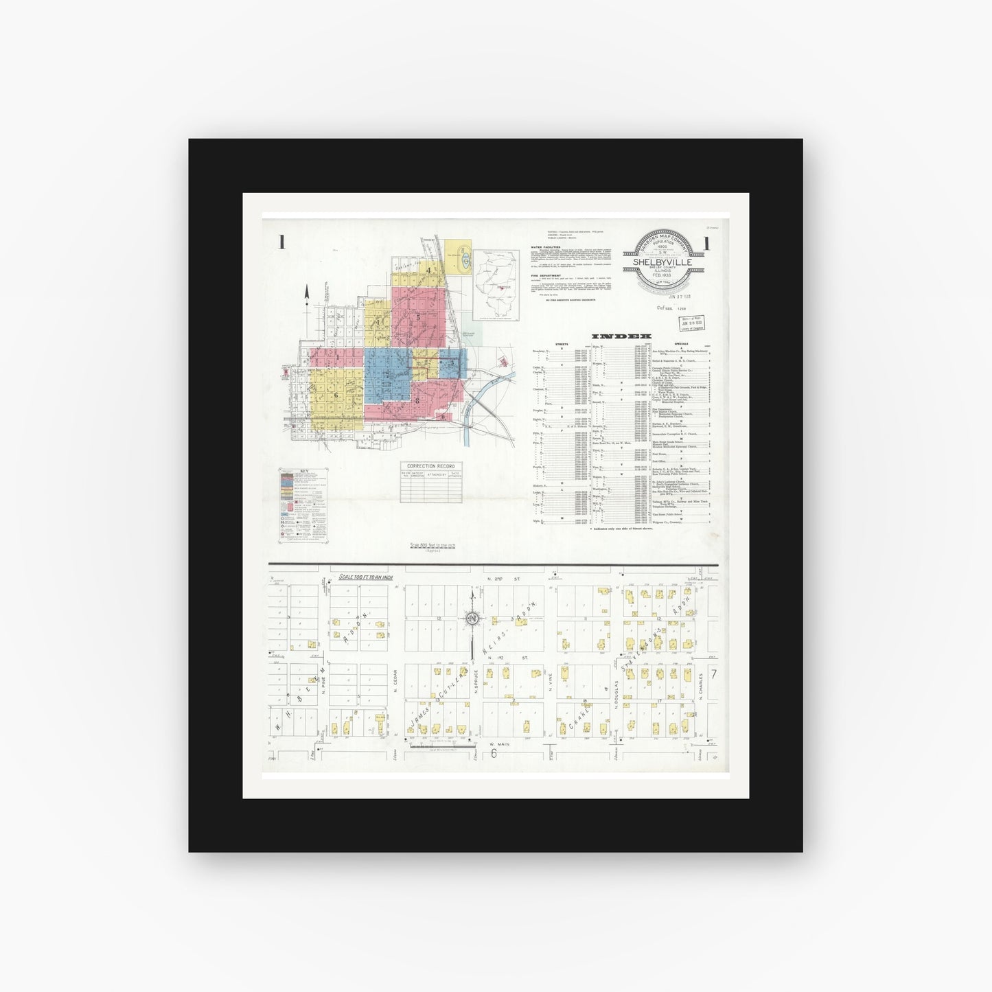 Old map wall art mockup — black gallery frame with white mat — Sanborn Fire Insurance Map from Shelbyville, Shelby County, Illinois (1933) - Complete Map Set