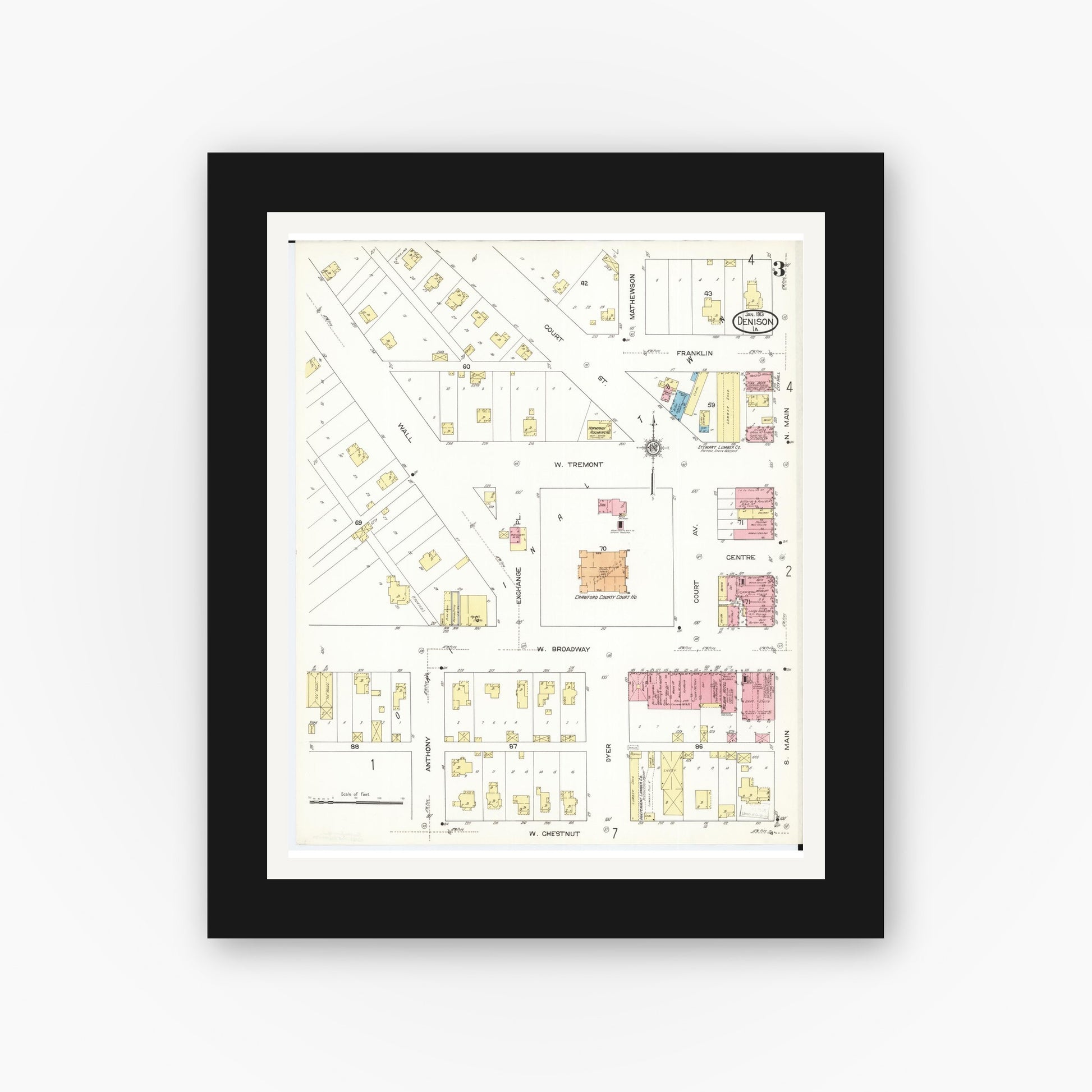 Old map wall art mockup — black gallery frame with white mat — Sanborn Fire Insurance Map from Denison, Crawford County, Iowa (1913), Sheet #0003