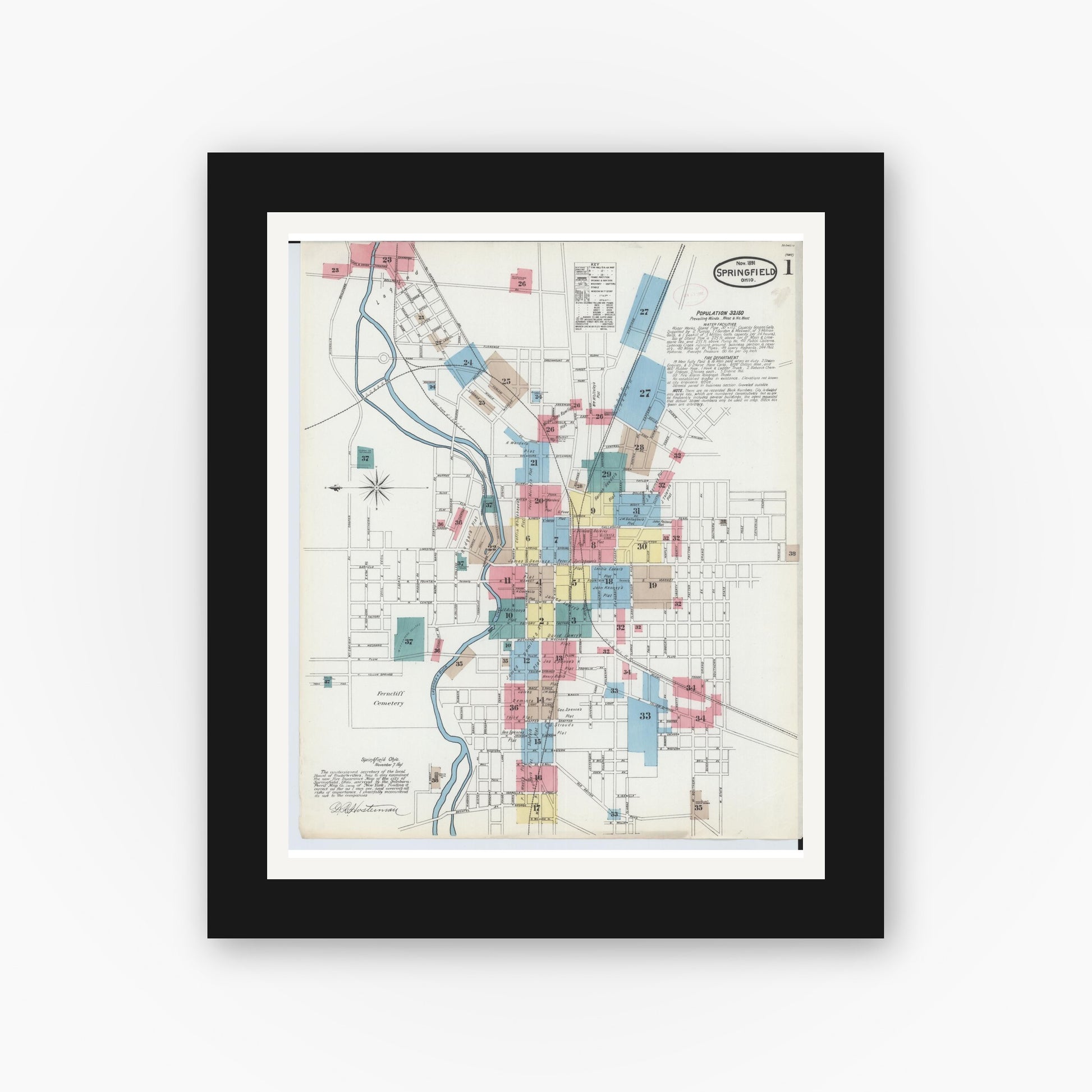 Old map wall art mockup — black gallery frame with white mat — Sanborn Fire Insurance Map from Springfield, Clark County, Ohio (1891) - Complete Map Set