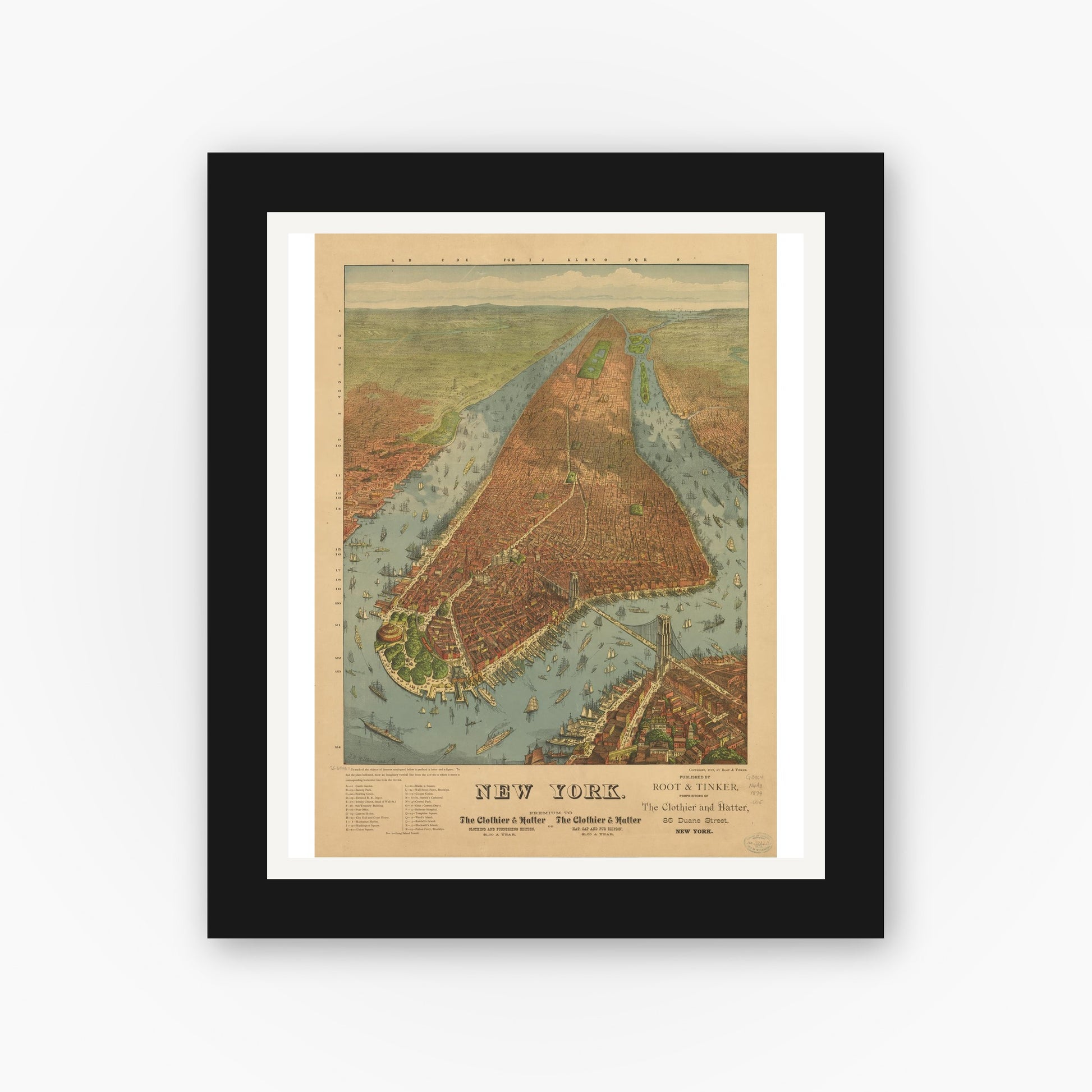 Old map wall art mockup — black gallery frame with white mat — New York. (1879)