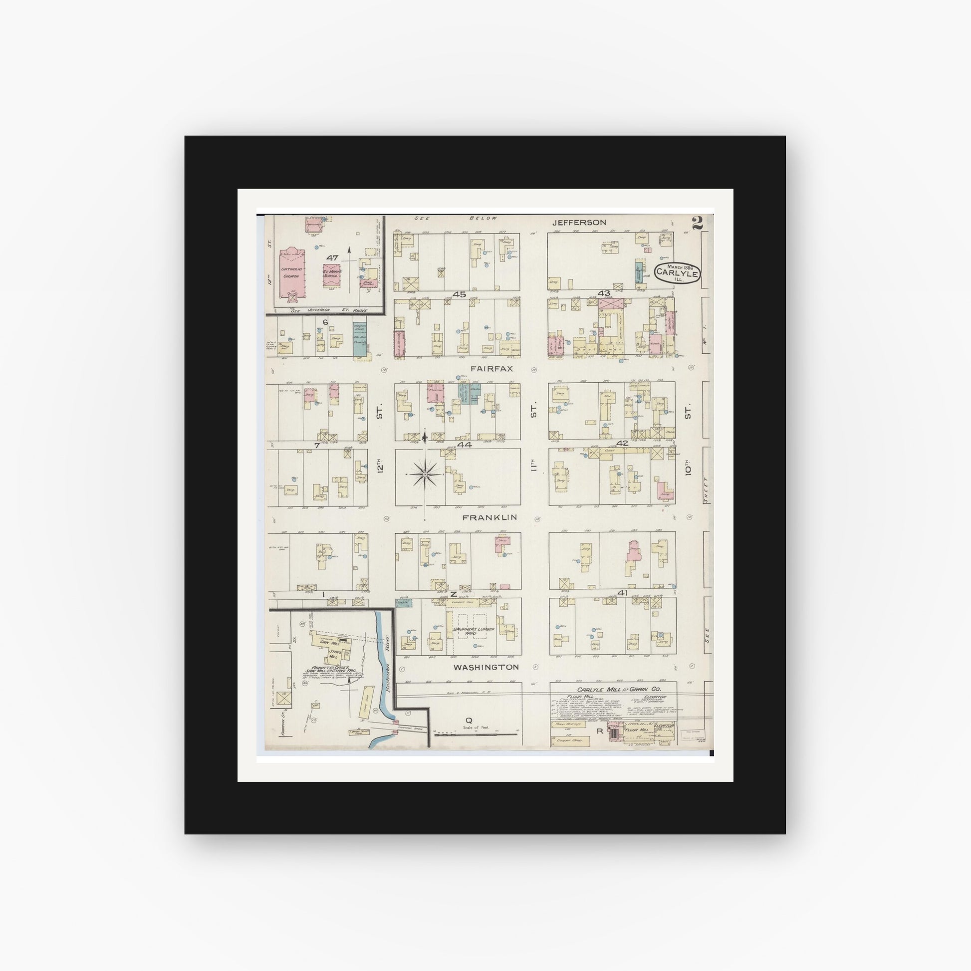 Old map wall art mockup — black gallery frame with white mat — Sanborn Fire Insurance Map from Carlyle, Clinton County, Illinois (1886), Sheet #0002