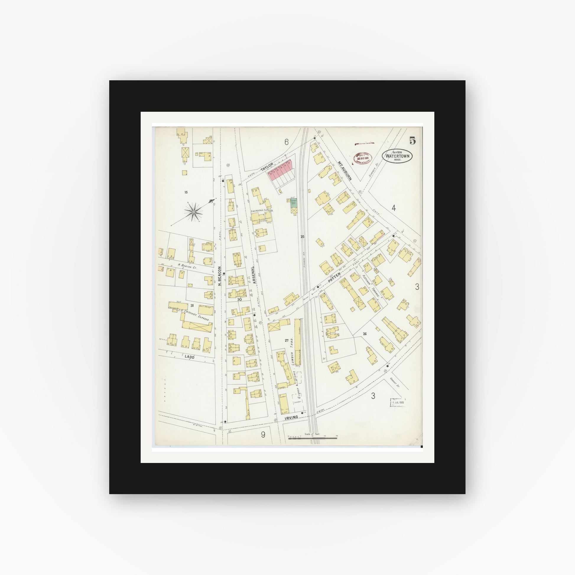 Old map wall art mockup — black gallery frame with white mat — Sanborn Fire Insurance Map from Watertown, Middlesex County, Massachusetts (1899), Sheet #0005