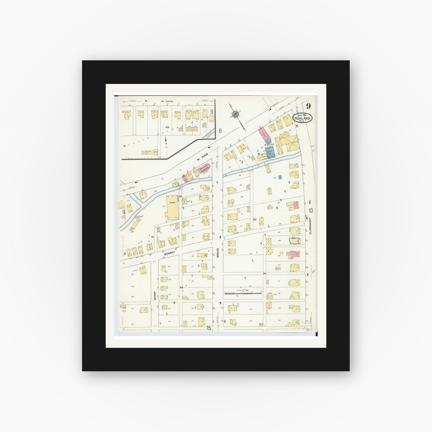 Old map wall art mockup — black gallery frame with white mat — Sanborn Fire Insurance Map from Ashland, Ashland County, Ohio (1911), Sheet #0009