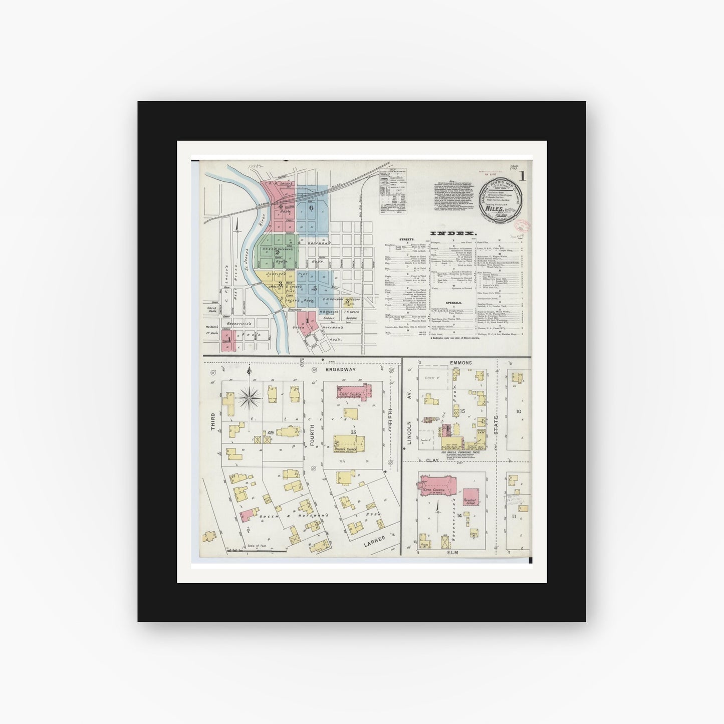 Old map wall art mockup — black gallery frame with white mat — Sanborn Fire Insurance Map from Niles, Berrien County, Michigan (1895), Sheet #0001