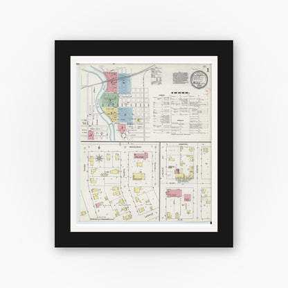 Old map wall art mockup — black gallery frame with white mat — Sanborn Fire Insurance Map from Niles, Berrien County, Michigan (1895), Sheet #0001