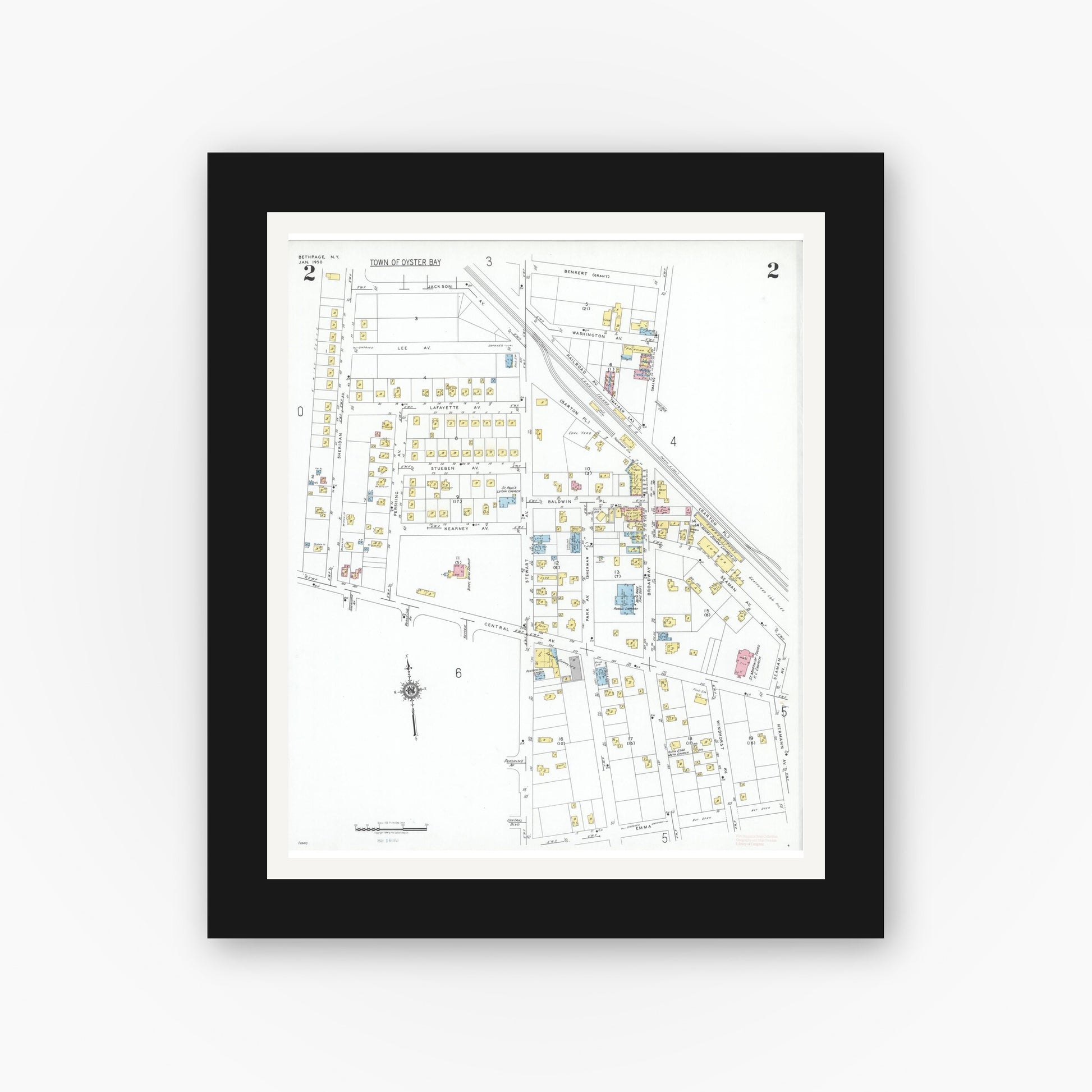 Old map wall art mockup — black gallery frame with white mat — Sanborn Fire Insurance Map from Bethpage, Nassau County, New York (1950), Sheet #0002