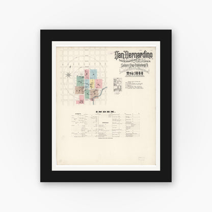 Old map wall art mockup — black gallery frame with white mat — Sanborn Fire Insurance Map from San Bernardino, San Bernardino County, California (1888) - Complete Map Set