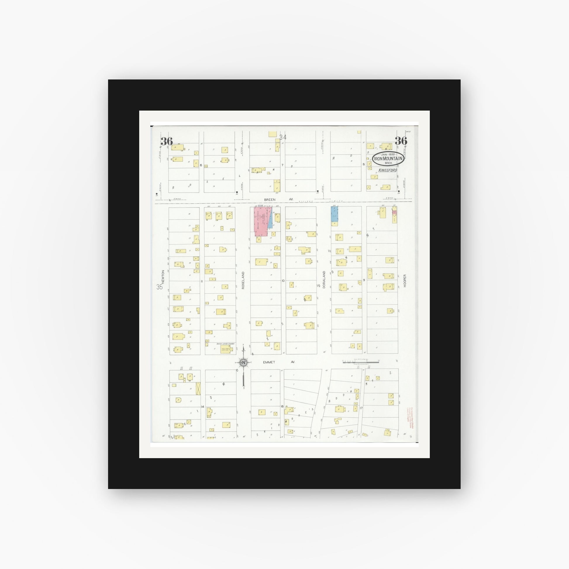 Old map wall art mockup — black gallery frame with white mat — Sanborn Fire Insurance Map from Iron Mountain, Dickinson County, Michigan (1930), Sheet #0036