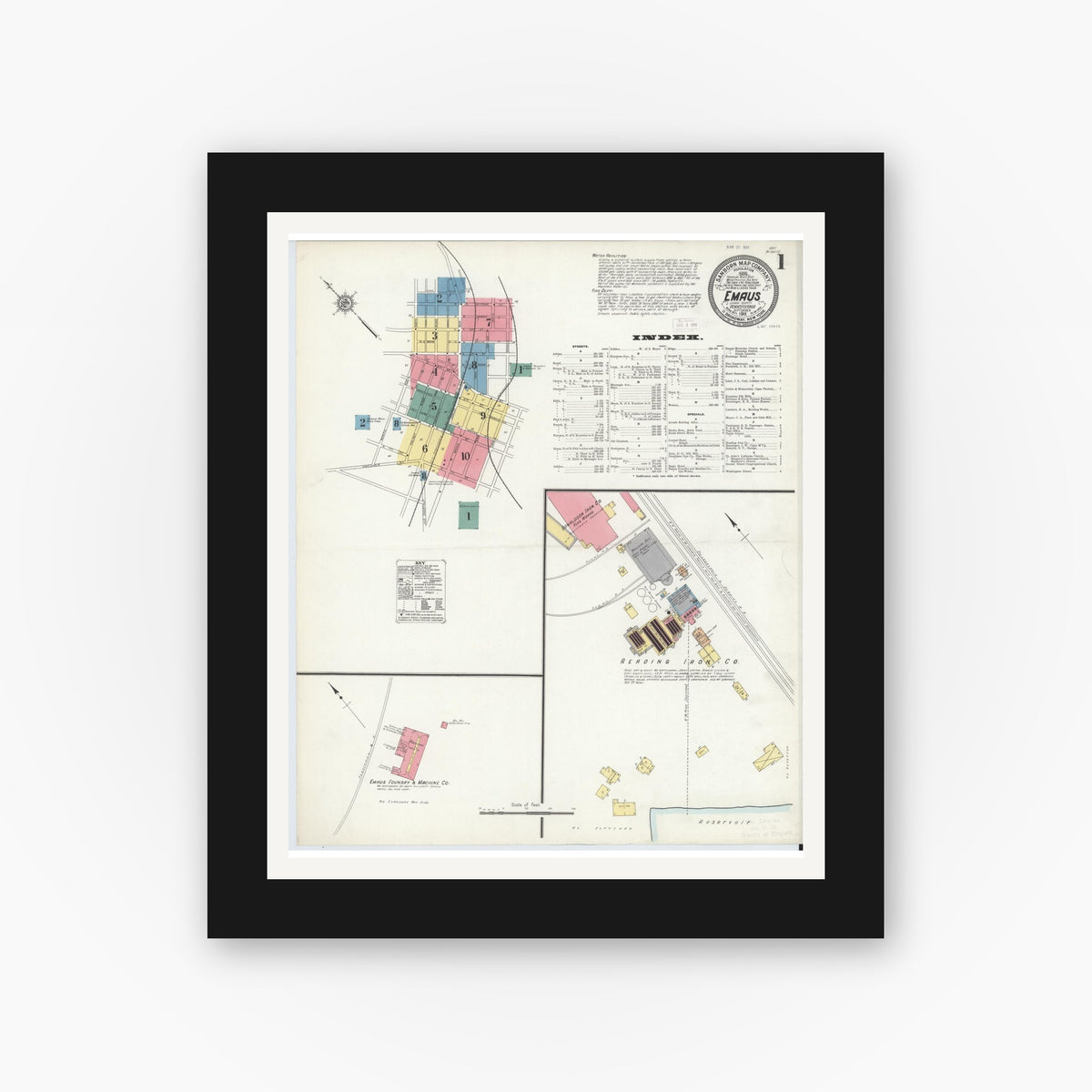 Old map wall art mockup — black gallery frame with white mat — Sanborn Fire Insurance Map from Emaus, Lehigh County, Pennsylvania (1911) - Complete Map Set