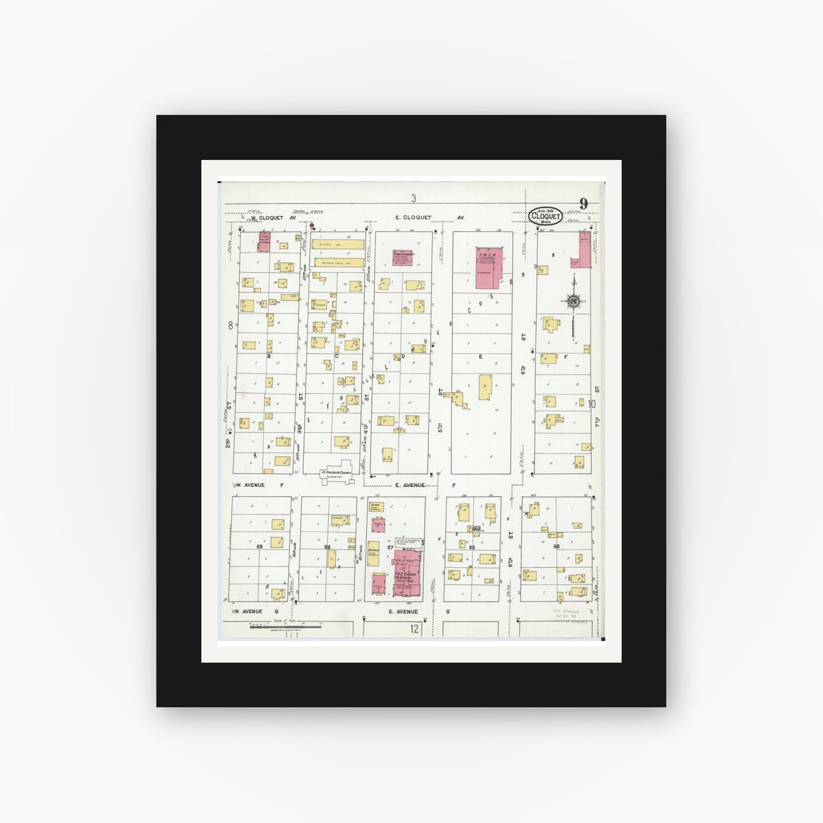 Old map wall art mockup — black gallery frame with white mat — Sanborn Fire Insurance Map from Cloquet, Carlton County, Minnesota (1919), Sheet #0009