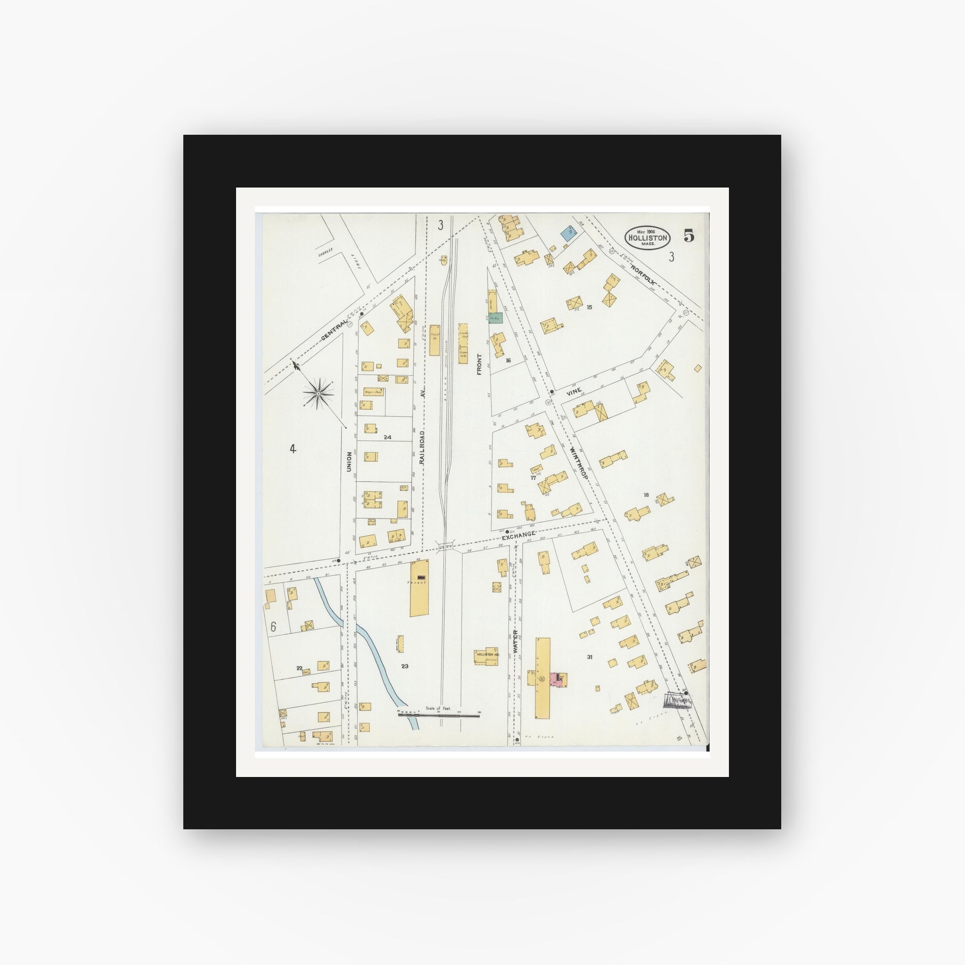 Old map wall art mockup — black gallery frame with white mat — Sanborn Fire Insurance Map from Holliston, Middlesex County, Massachusetts (1906), Sheet #0005
