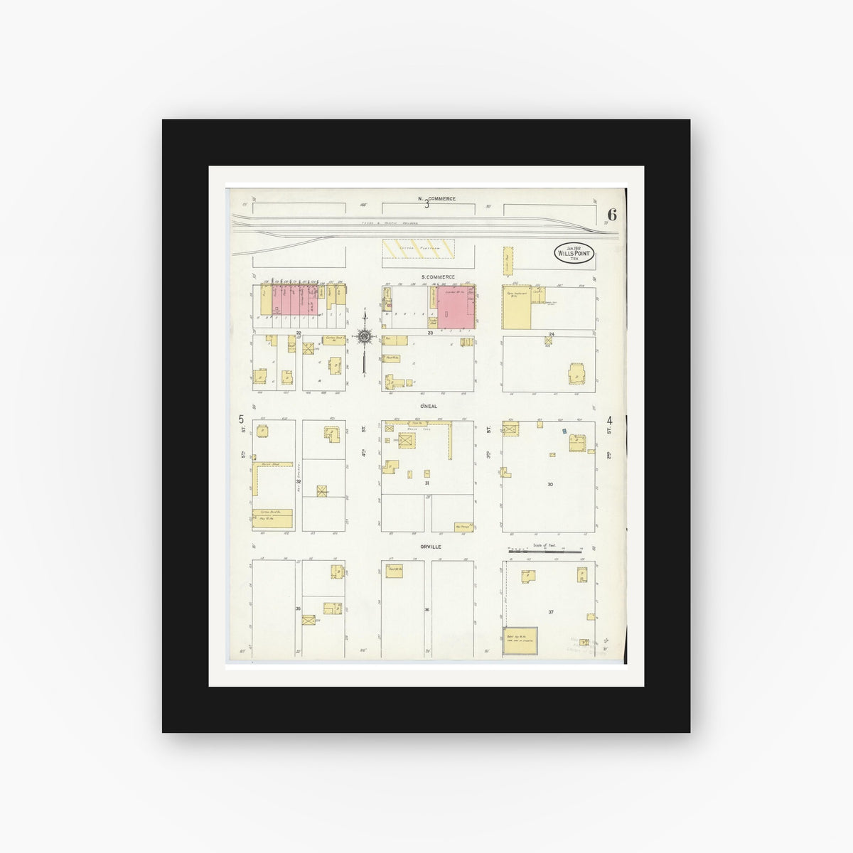 Old map wall art mockup — black gallery frame with white mat — Sanborn Fire Insurance Map from Wills Point, Van Zandt County, Texas (1912), Sheet #0006