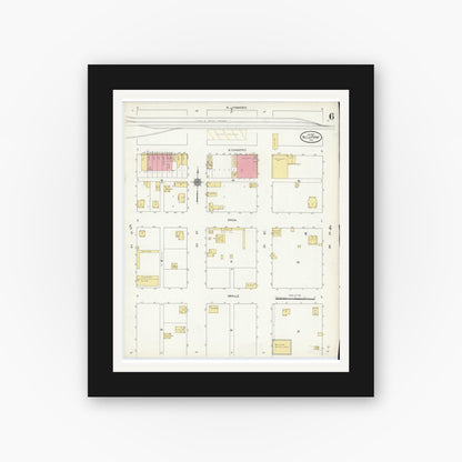 Old map wall art mockup — black gallery frame with white mat — Sanborn Fire Insurance Map from Wills Point, Van Zandt County, Texas (1912), Sheet #0006