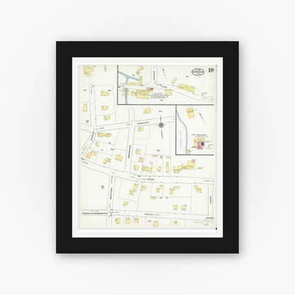 Old map wall art mockup — black gallery frame with white mat — Sanborn Fire Insurance Map from Gardner, Worcester County, Massachusetts (1909), Sheet #0019
