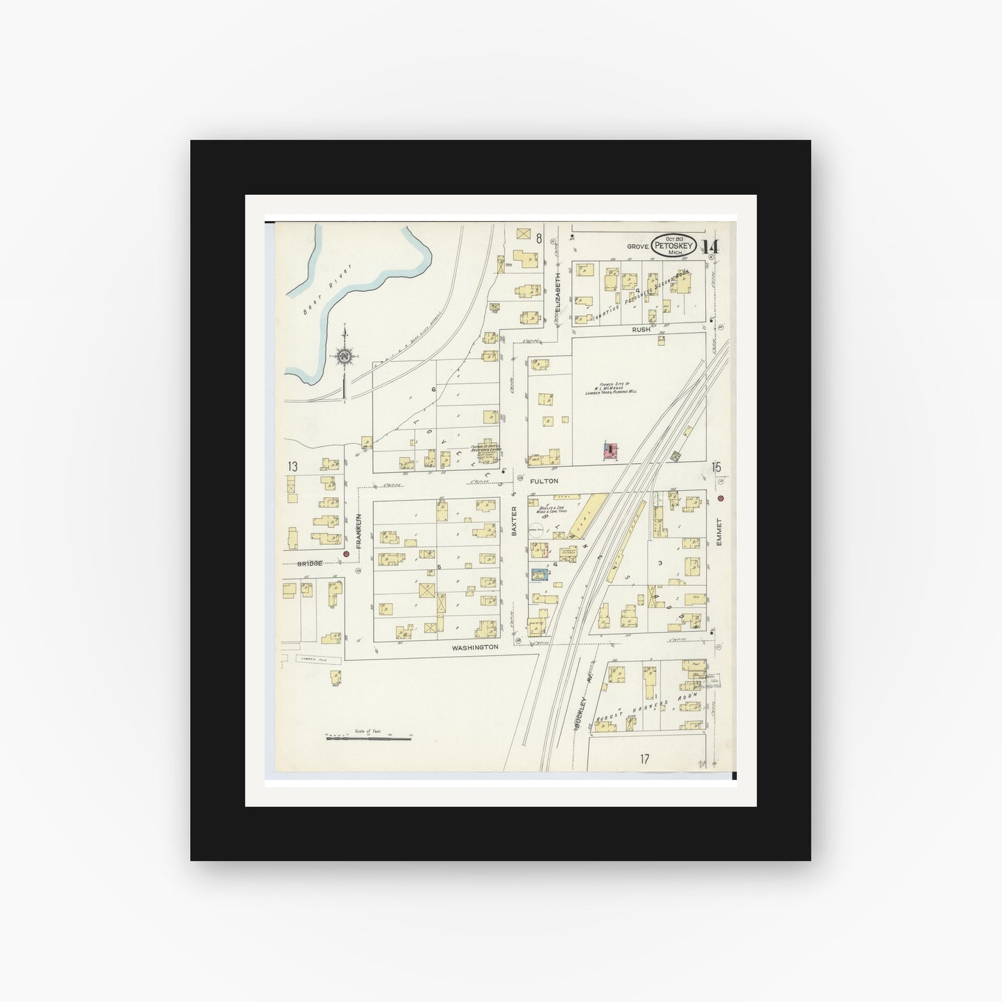 Old map wall art mockup — black gallery frame with white mat — Sanborn Fire Insurance Map from Petoskey, Emmet County, Michigan (1913), Sheet #0014