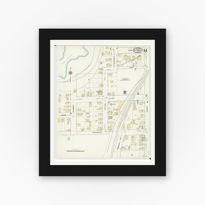 Old map wall art mockup — black gallery frame with white mat — Sanborn Fire Insurance Map from Petoskey, Emmet County, Michigan (1913), Sheet #0014