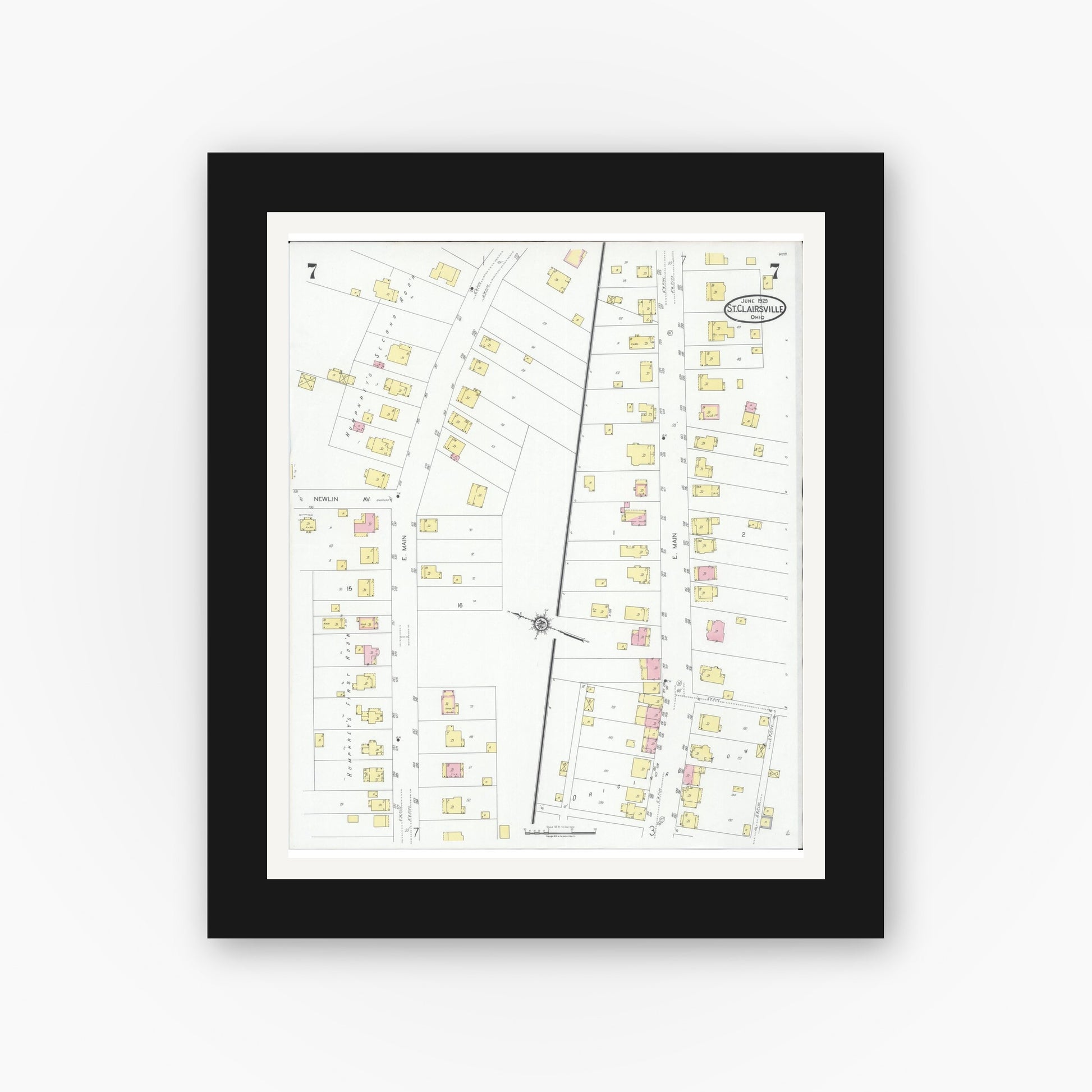Old map wall art mockup — black gallery frame with white mat — Sanborn Fire Insurance Map from Saint Clairsville, Belmont County, Ohio (1929), Sheet #0007