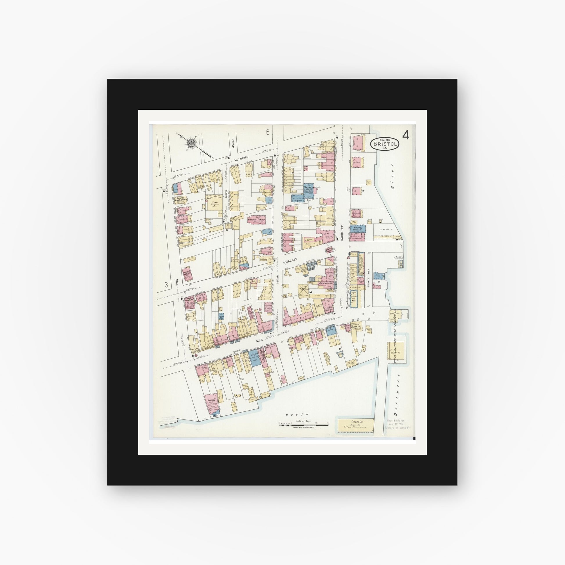 Old map wall art mockup — black gallery frame with white mat — Sanborn Fire Insurance Map from Bristol, Bucks County, Pennsylvania (1927), Sheet #0004