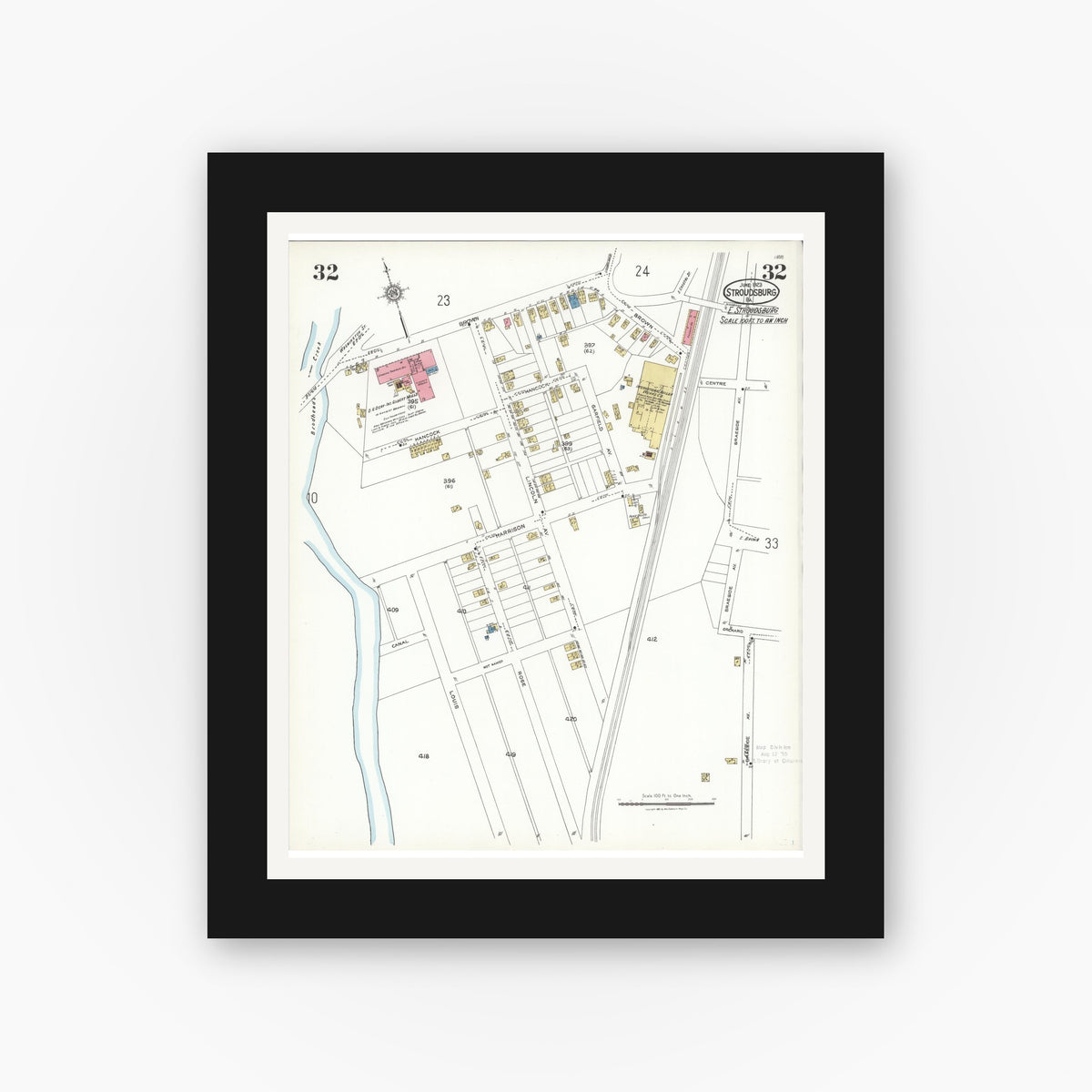 Old map wall art mockup — black gallery frame with white mat — Sanborn Fire Insurance Map from Stroudsburg, Monroe County, Pennsylvania (1923), Sheet #0032