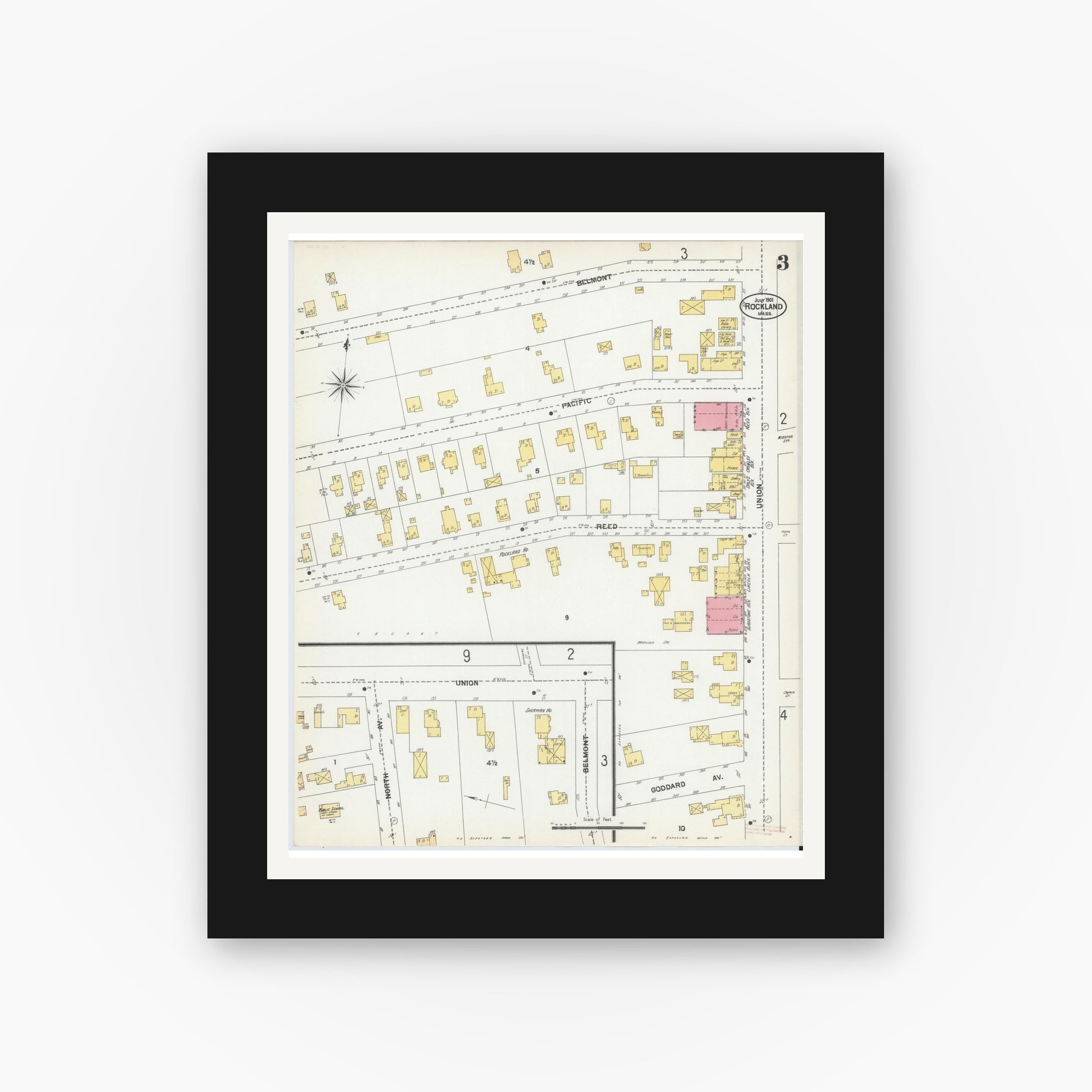 Old map wall art mockup — black gallery frame with white mat — Sanborn Fire Insurance Map from Rockland, Plymouth County, Massachusetts (1901), Sheet #0003
