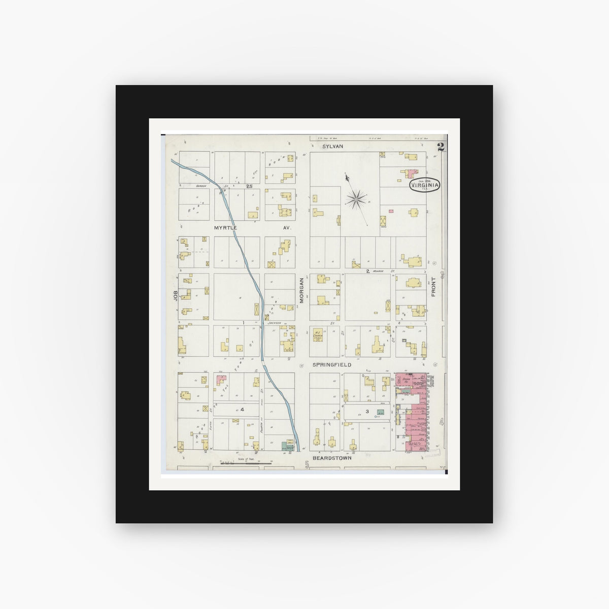 Old map wall art mockup — black gallery frame with white mat — Sanborn Fire Insurance Map from Virginia, Cass County, Illinois (1894), Sheet #0002