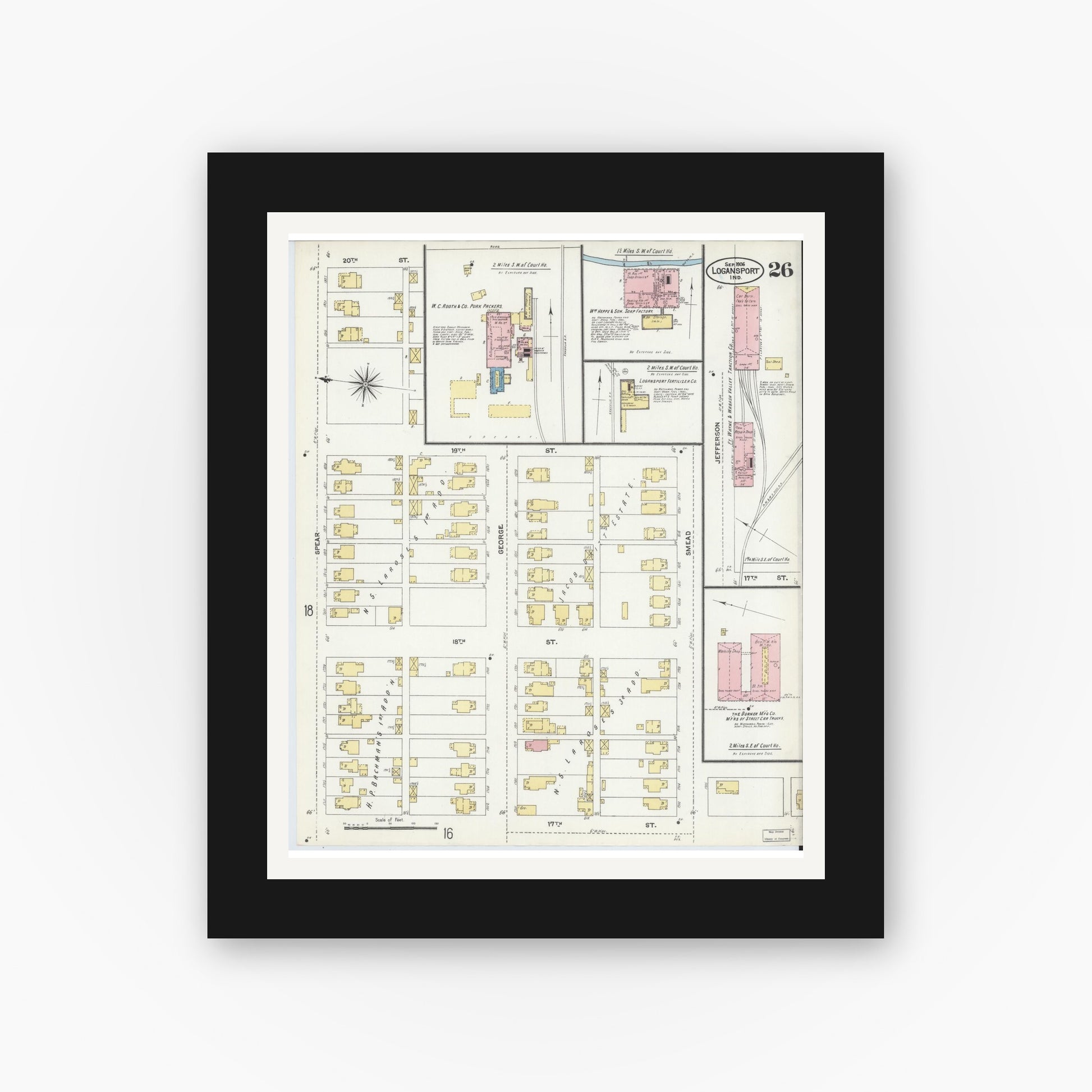 Old map wall art mockup — black gallery frame with white mat — Sanborn Fire Insurance Map from Logansport, Cass County, Indiana (1906), Sheet #0026