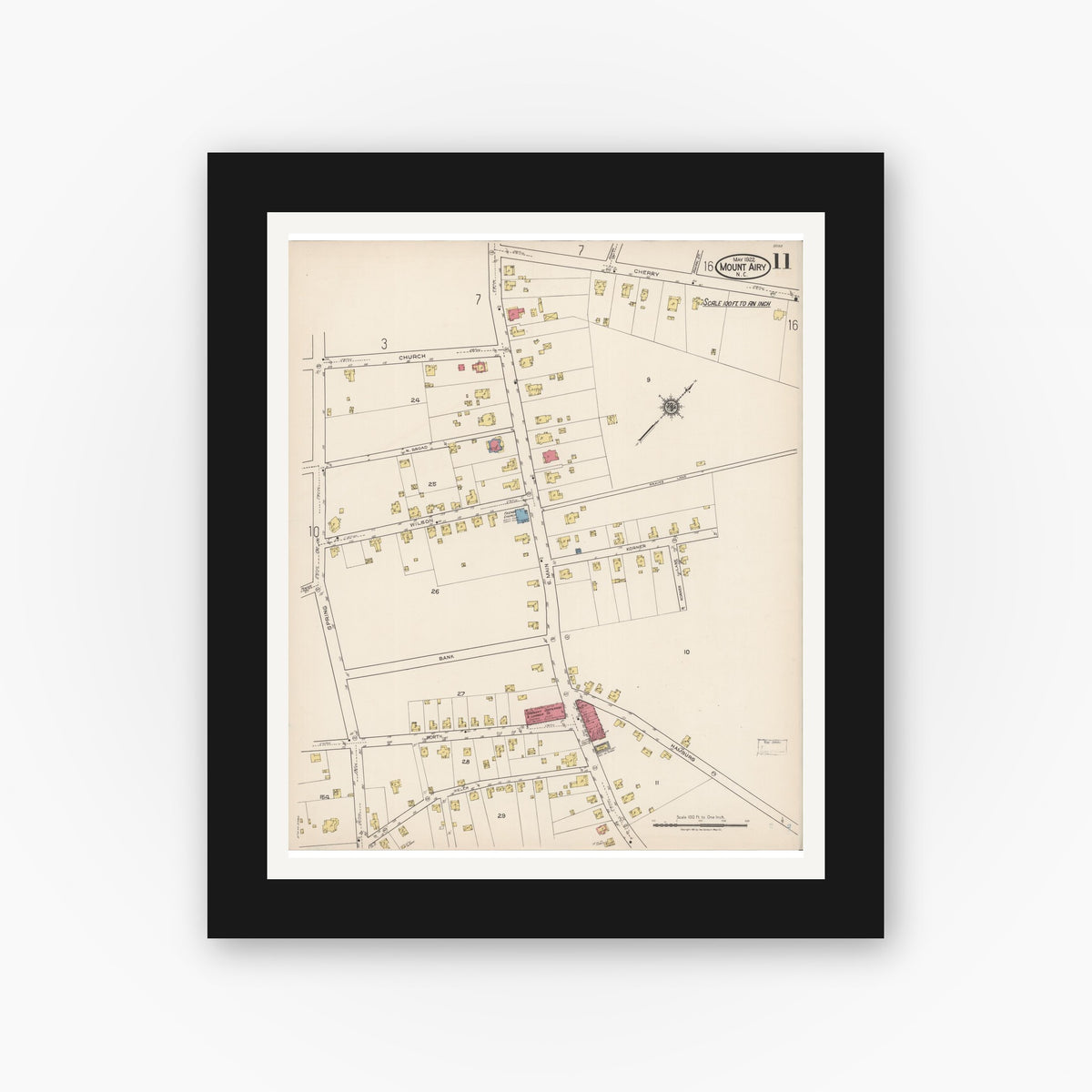 Old map wall art mockup — black gallery frame with white mat — Sanborn Fire Insurance Map from Mount Airy, Surry County, North Carolina (1922), Sheet #0011