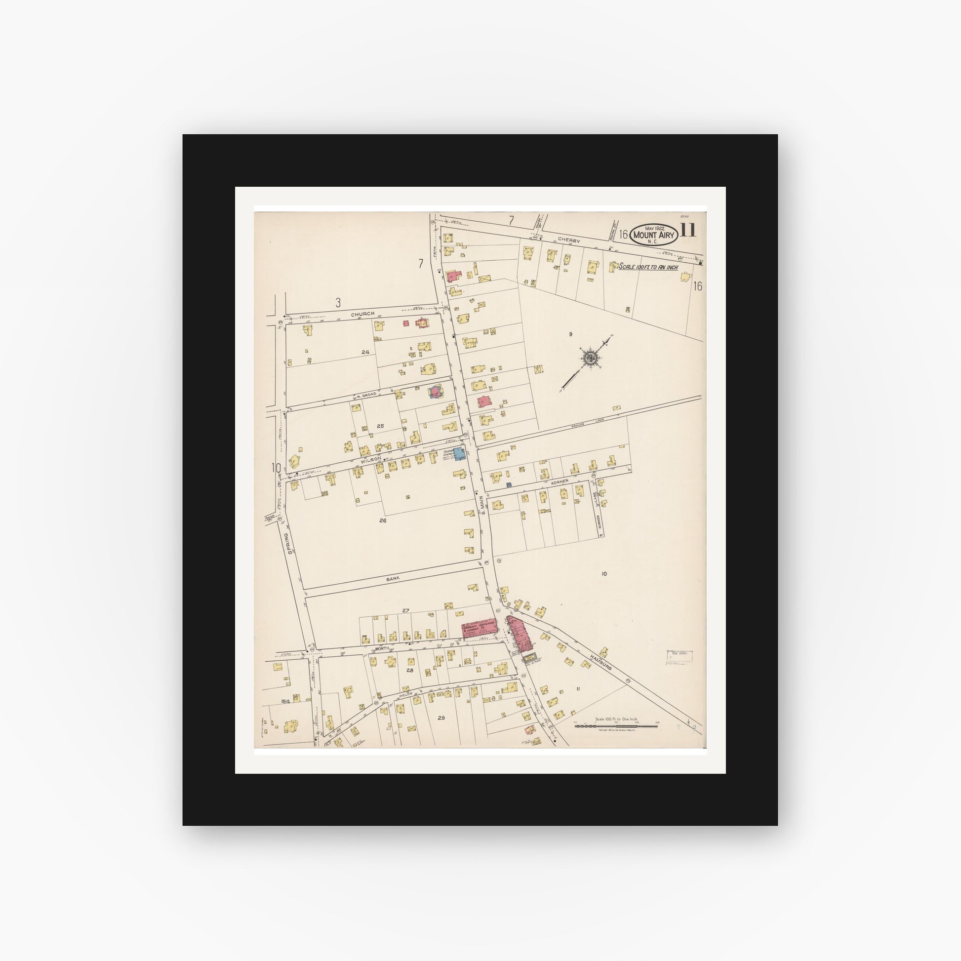 Old map wall art mockup — black gallery frame with white mat — Sanborn Fire Insurance Map from Mount Airy, Surry County, North Carolina (1922), Sheet #0011