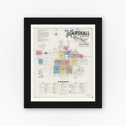 Old map wall art mockup — black gallery frame with white mat — Sanborn Fire Insurance Map from Marshall, Harrison County, Texas (1894), Sheet #0001