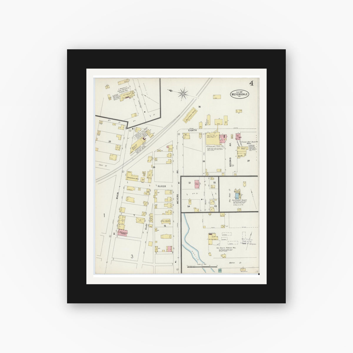 Old map wall art mockup — black gallery frame with white mat — Sanborn Fire Insurance Map from Meyersdale, Somerset County, Pennsylvania (1897), Sheet #0004