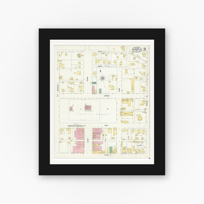 Old map wall art mockup — black gallery frame with white mat — Sanborn Fire Insurance Map from Groveton, Trinity County, Texas (1907), Sheet #0003