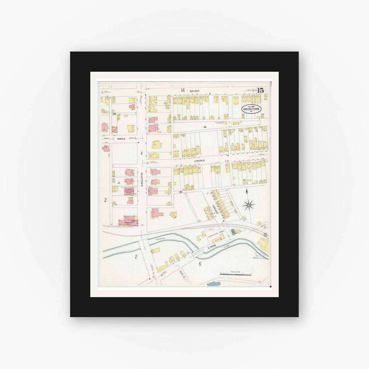 Old map wall art mockup — black gallery frame with white mat — Sanborn Fire Insurance Map from Uniontown, Fayette County, Pennsylvania (1907), Sheet #0015