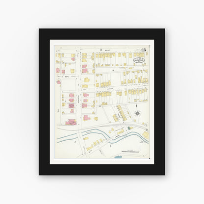 Old map wall art mockup — black gallery frame with white mat — Sanborn Fire Insurance Map from Uniontown, Fayette County, Pennsylvania (1907), Sheet #0015