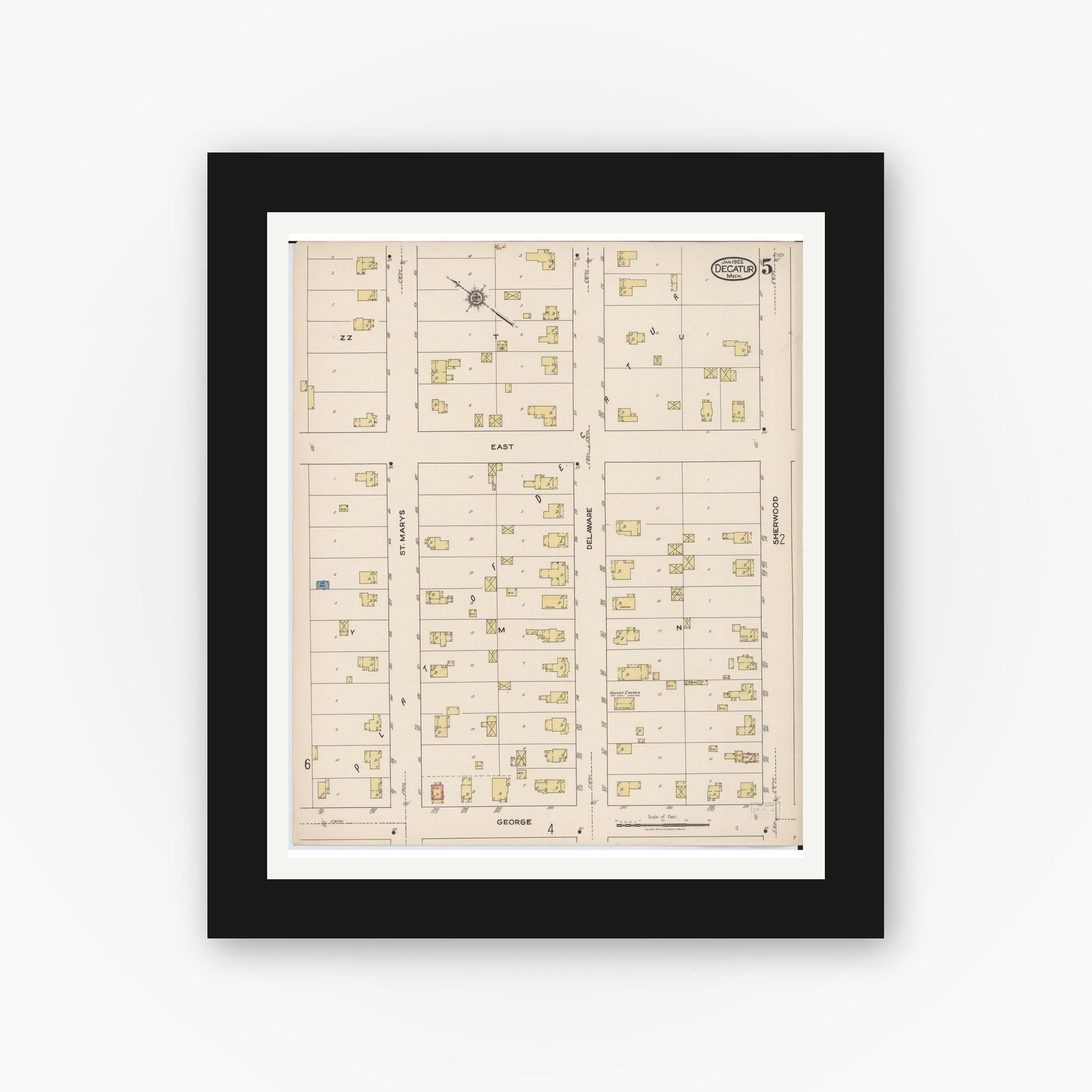 Old map wall art mockup — black gallery frame with white mat — Sanborn Fire Insurance Map from Decatur, Van Buren County, Michigan (1922), Sheet #0005