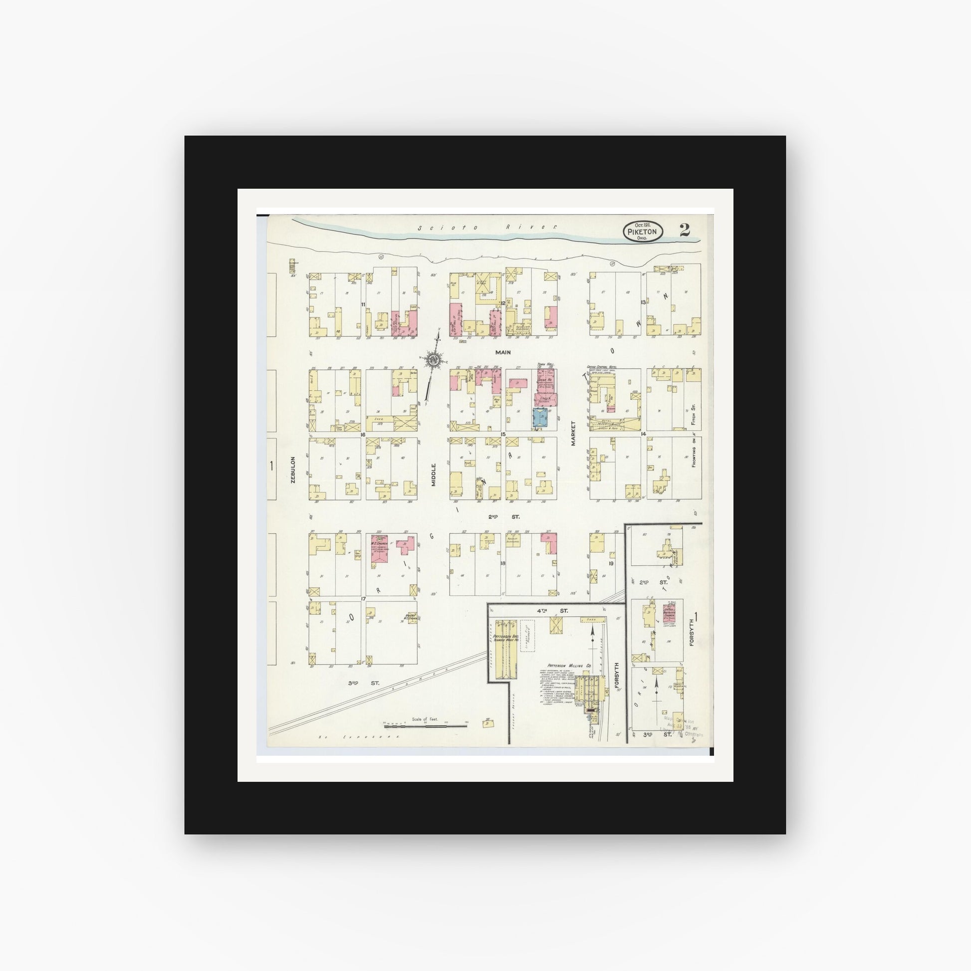 Old map wall art mockup — black gallery frame with white mat — Sanborn Fire Insurance Map from Piketon, Pike County, Ohio (1911), Sheet #0002