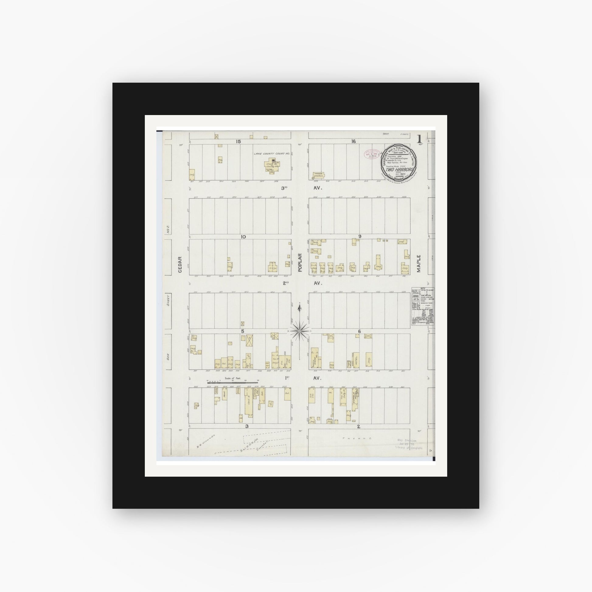 Old map wall art mockup — black gallery frame with white mat — Sanborn Fire Insurance Map from Two Harbors, Lake County, Minnesota (1888), Sheet #0001