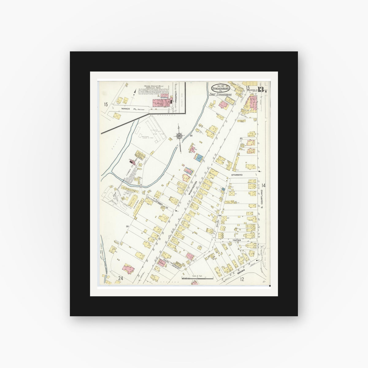 Old map wall art mockup — black gallery frame with white mat — Sanborn Fire Insurance Map from Stroudsburg, Monroe County, Pennsylvania (1912), Sheet #0013