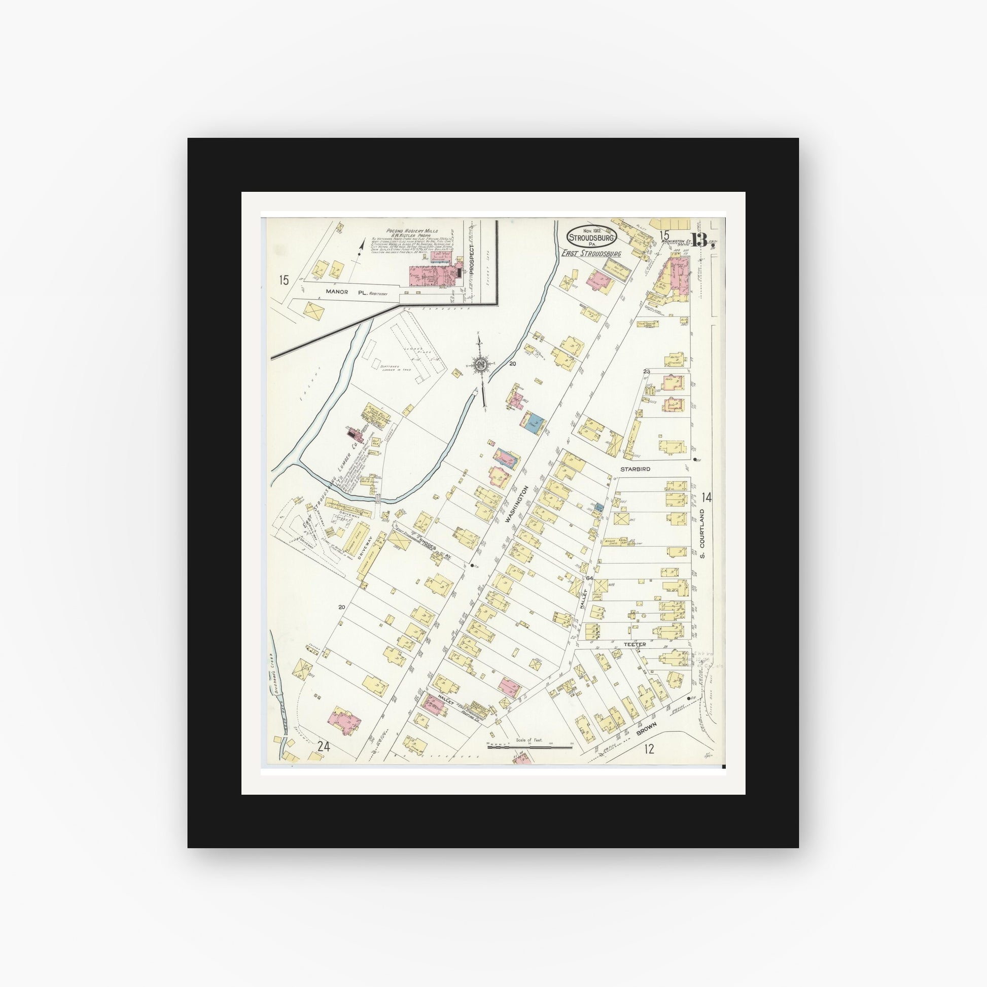 Old map wall art mockup — black gallery frame with white mat — Sanborn Fire Insurance Map from Stroudsburg, Monroe County, Pennsylvania (1912), Sheet #0013