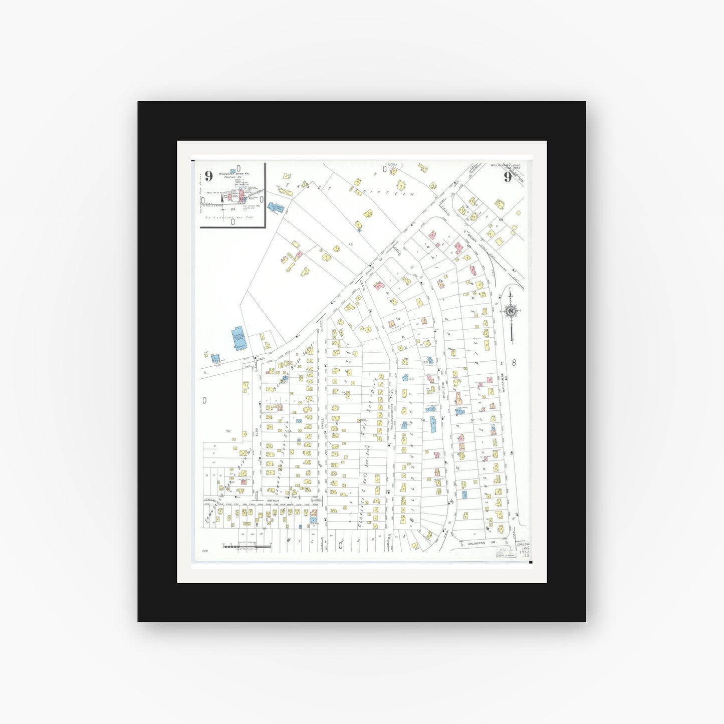 Old map wall art mockup — black gallery frame with white mat — Sanborn Fire Insurance Map from Willoughby, Lake County, Ohio (1952), Sheet #0009