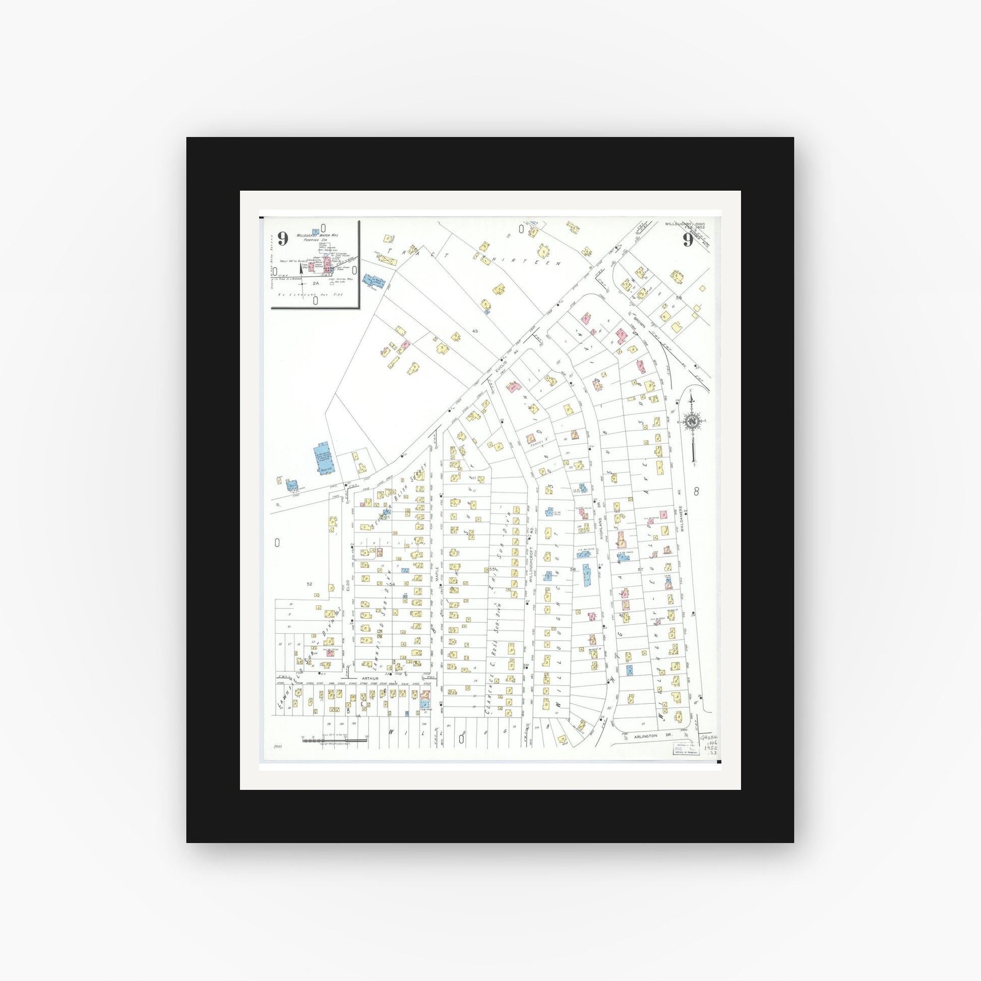Old map wall art mockup — black gallery frame with white mat — Sanborn Fire Insurance Map from Willoughby, Lake County, Ohio (1952), Sheet #0009