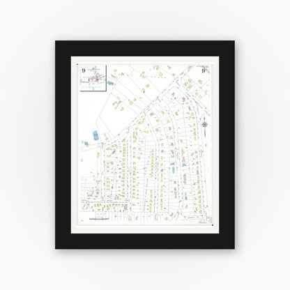 Old map wall art mockup — black gallery frame with white mat — Sanborn Fire Insurance Map from Willoughby, Lake County, Ohio (1952), Sheet #0009