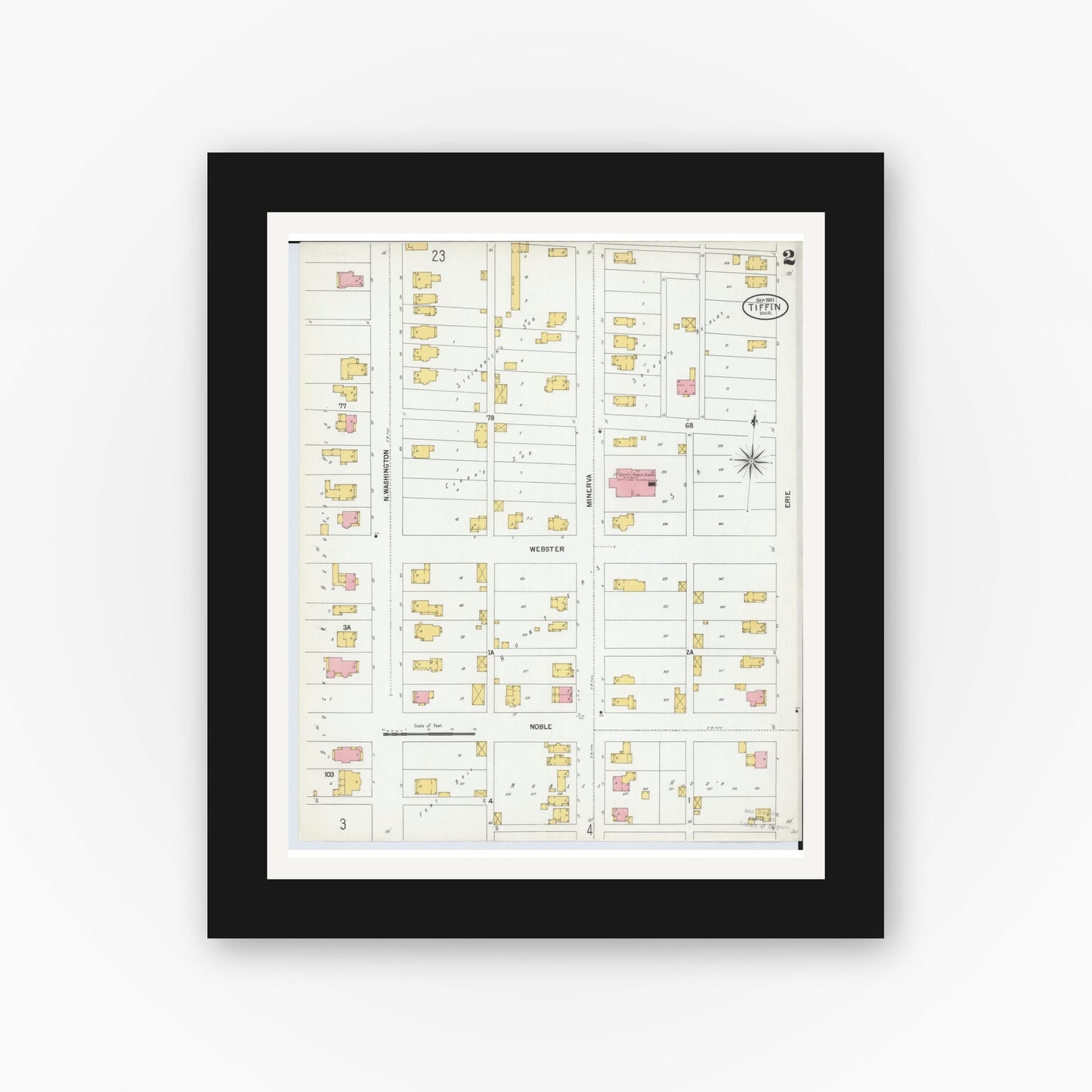 Old map wall art mockup — black gallery frame with white mat — Sanborn Fire Insurance Map from Tiffin, Seneca County, Ohio (1901), Sheet #0002