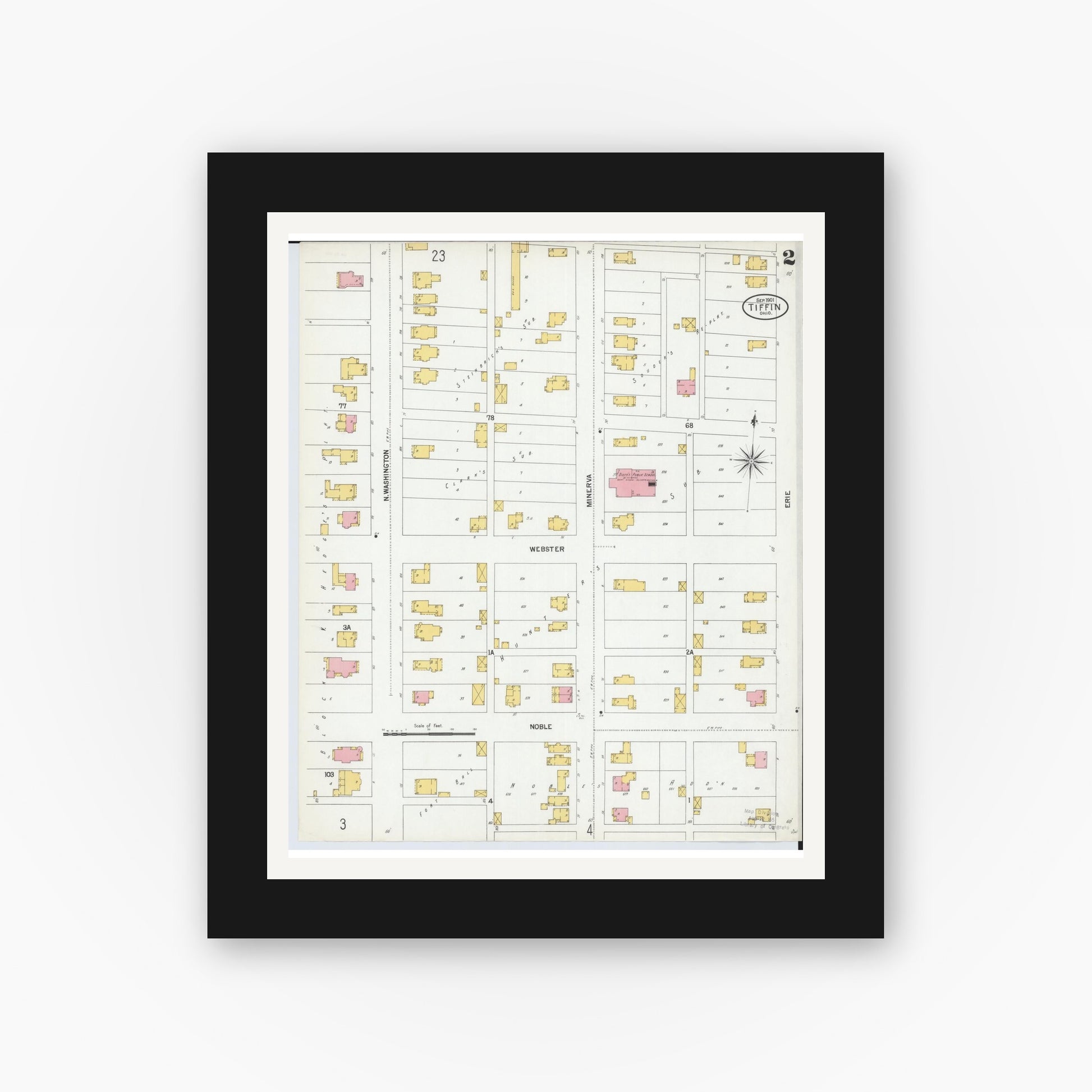 Old map wall art mockup — black gallery frame with white mat — Sanborn Fire Insurance Map from Tiffin, Seneca County, Ohio (1901), Sheet #0002