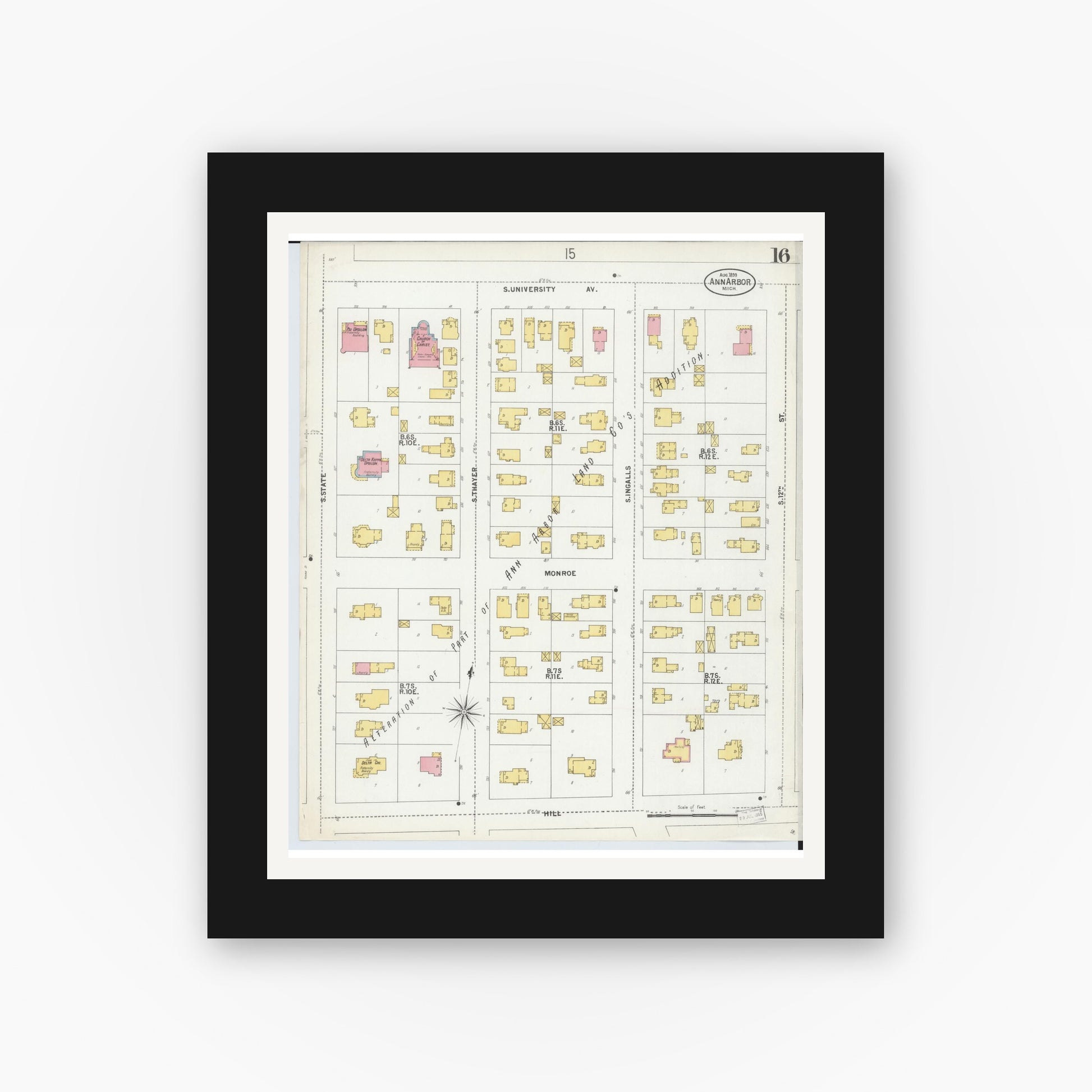 Old map wall art mockup — black gallery frame with white mat — Sanborn Fire Insurance Map from Ann Arbor, Washtenaw County, Michigan (1899), Sheet #0016