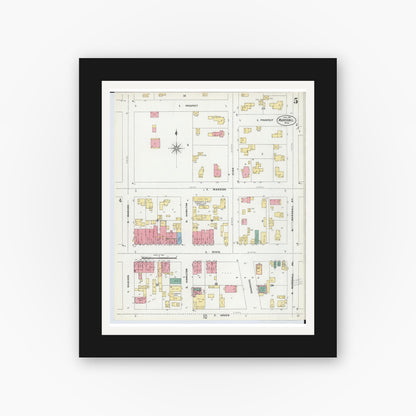 Old map wall art mockup — black gallery frame with white mat — Sanborn Fire Insurance Map from Marshall, Calhoun County, Michigan (1906), Sheet #0005
